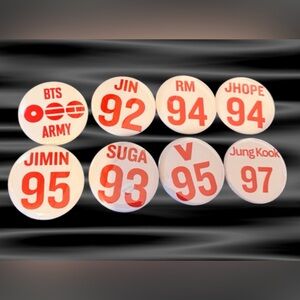 BTS K-pop, BangTan pushpin Button Set of 8, size 2.25”